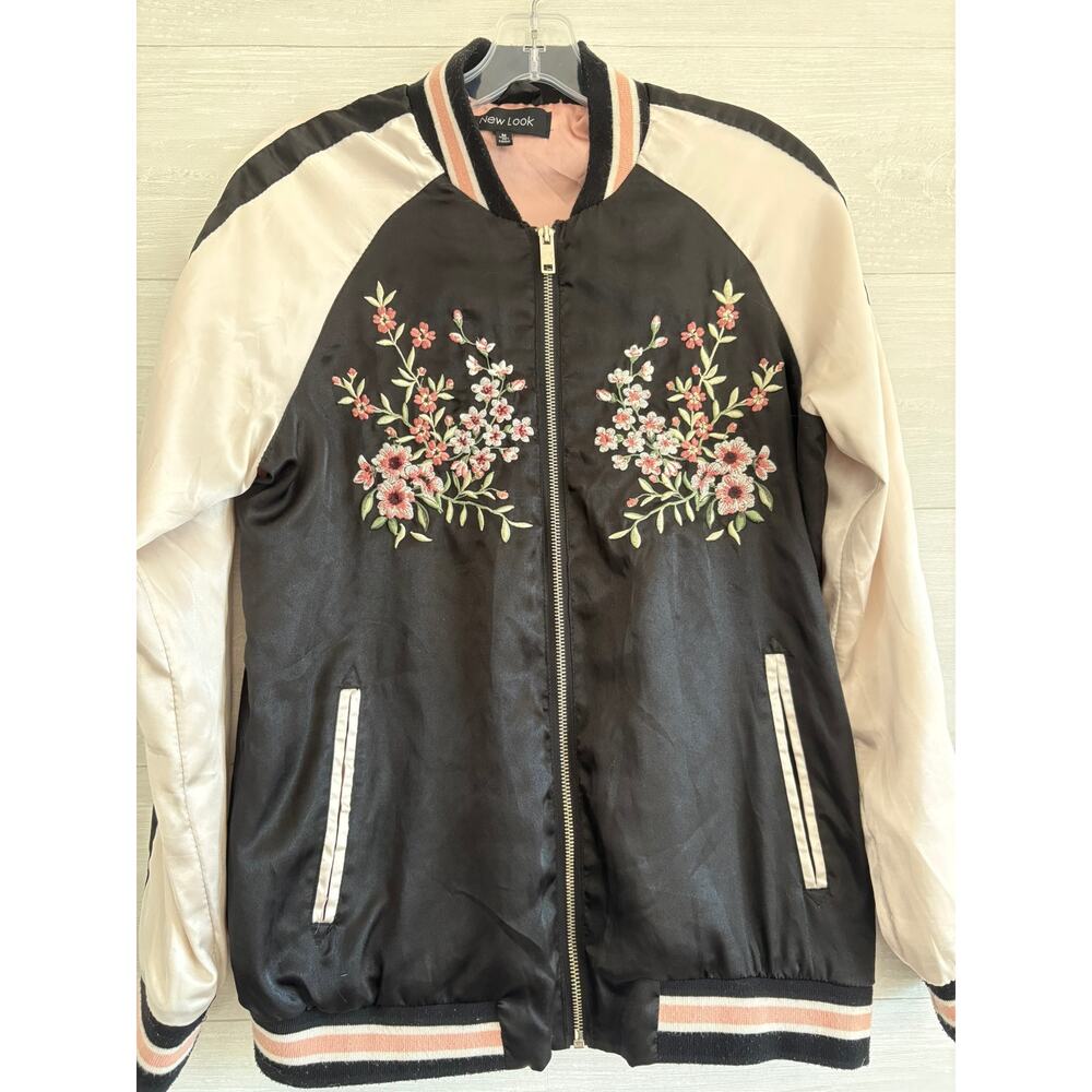 Outer Edge Floral Embroidered Black and Pink Bomber Jacket